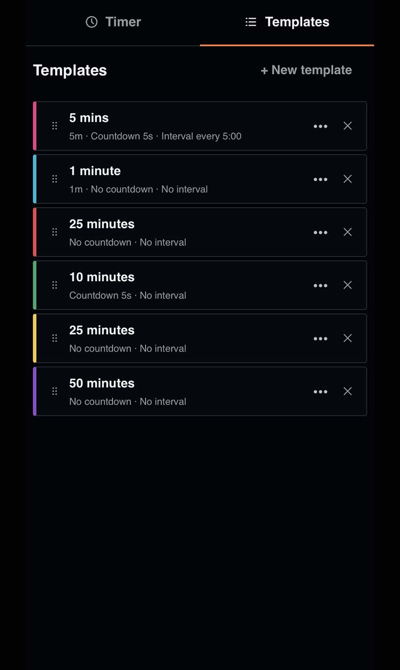 Saved, colour-tagged templates